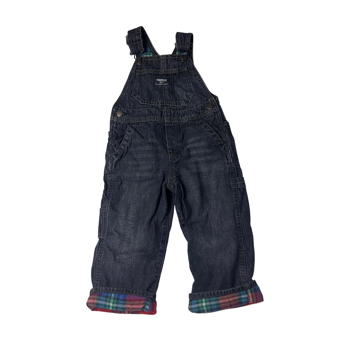 Salopette en denim foncé avec revers à carreaux coloré